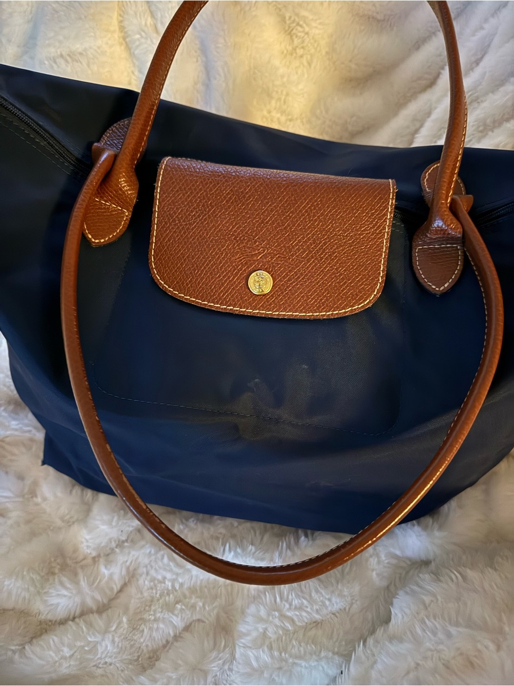 Longchamp Le Pliage Tote | Navy & Cognac Leather | Classic Medium - Picture 2 of 8